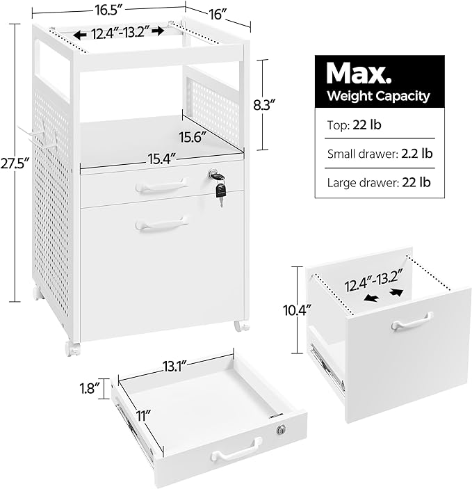 Yaheetech File Cabinets Mobile Filling Cabinet with Open Storage Shelf, Under Desk Cabinet Fits A4, Letter for Home Office(White)