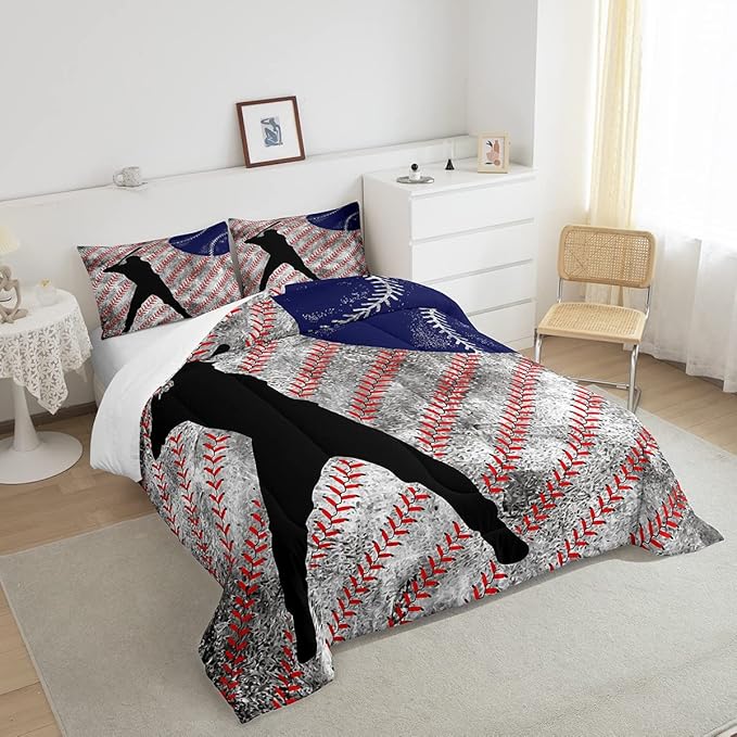 Erosebridal Baseball Comforter Set Twin for Boys Teen Baseball Athlete Bedding Set Kids Ball Games Sports Bed Comforter Sets Sport Baseball Quilt Duvet 1 Pillow Case Retro Red Dark Blue White