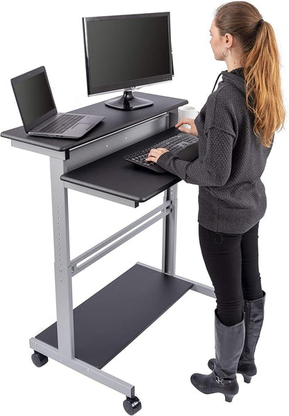 Stand Up Desk Store Rolling Adjustable Height Two Tier Standing Desk Computer Workstation (Silver Frame/Black Top, 40" Wide)