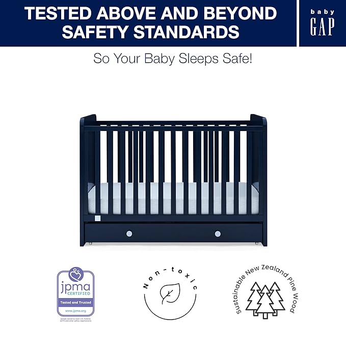 Delta Children babyGap Graham 4-in-1 Convertible Crib with Storage Drawer + Brannan Bear Bookcase with Bins + Brannan Bear Wall Shelf with 4 Hooks, Navy/Light Blue (Bundle)
