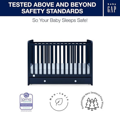 Delta Children babyGap Graham 4-in-1 Convertible Crib with Storage Drawer + Brannan Bear Bookcase with Bins + Brannan Bear Wall Shelf with 4 Hooks, Navy/Light Blue (Bundle)