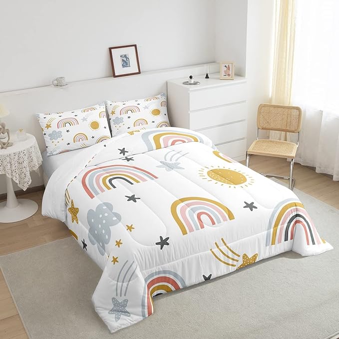 Erosebridal Girls Rainbow Bedding Set, Sun and Stars Comforter Set Queen Size for Kids Boys Children Cartoon Style Cloud Bedding Comforters Girly Soft Microfiber Duvet Insert for Bedroom Decor