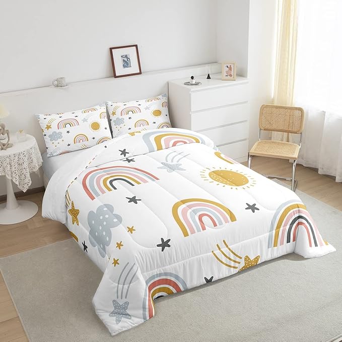 Erosebridal Girls Rainbow Bedding Set, Sun and Stars Comforter Set Full Size for Kids Boys Children Cartoon Style Cloud Bedding Comforters Girly Soft Microfiber Duvet Insert for Bedroom Decor