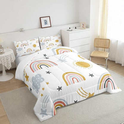 Erosebridal Girls Rainbow Bedding Set, Sun and Stars Comforter Set Full Size for Kids Boys Children Cartoon Style Cloud Bedding Comforters Girly Soft Microfiber Duvet Insert for Bedroom Decor