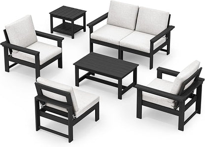 SERWALL HDPE Patio Coversation Set, 7-piece Outdoor Sectional Sofa Set, All Weather Patio Couch Set Patio Furniture for Balcony, Deck, Black Frame with Khaki Cushion