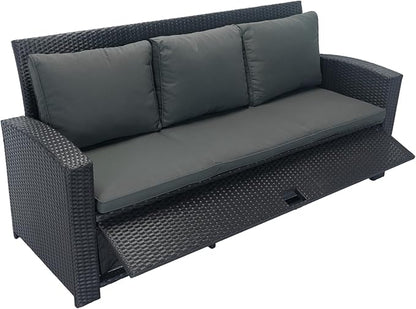 5 Pieces Outdoor Rattan Patio Furniture Sectional, Seater Conversation Set with 3 Storage Under Seat Wicker + Dark Grey Cushion for Backyard, Deck, Poolside, Zl-Black
