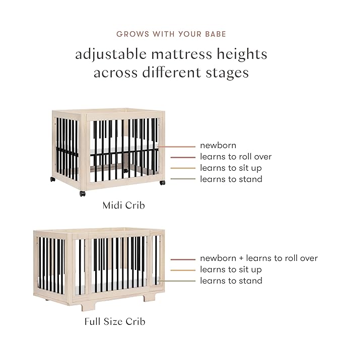 Babyletto Yuzu Convertible All-Stages Bassinet, Midi, Full-Size Crib in Washed Natural with Black, Greenguard Gold Certified, Portable & Adjustable with Conversion Kits and Pads Included