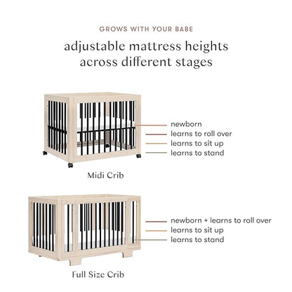 Babyletto Yuzu Convertible All-Stages Bassinet, Midi, Full-Size Crib in Washed Natural with Black, Greenguard Gold Certified, Portable & Adjustable with Conversion Kits and Pads Included