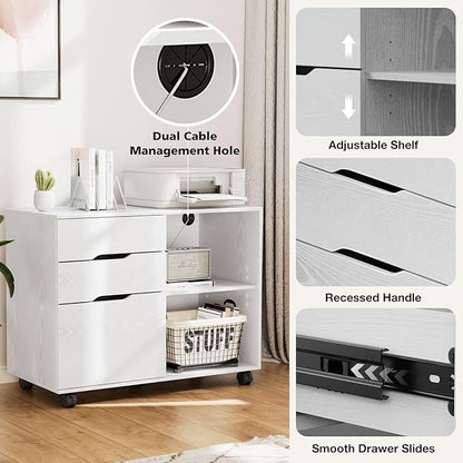 DUMOS Lateral File Cabinet with 3 Drawers Rolling Wooden Printer Stand Under Desk Storage Organizer with 4 Wheels Adjustable Shelf for Office Home, White