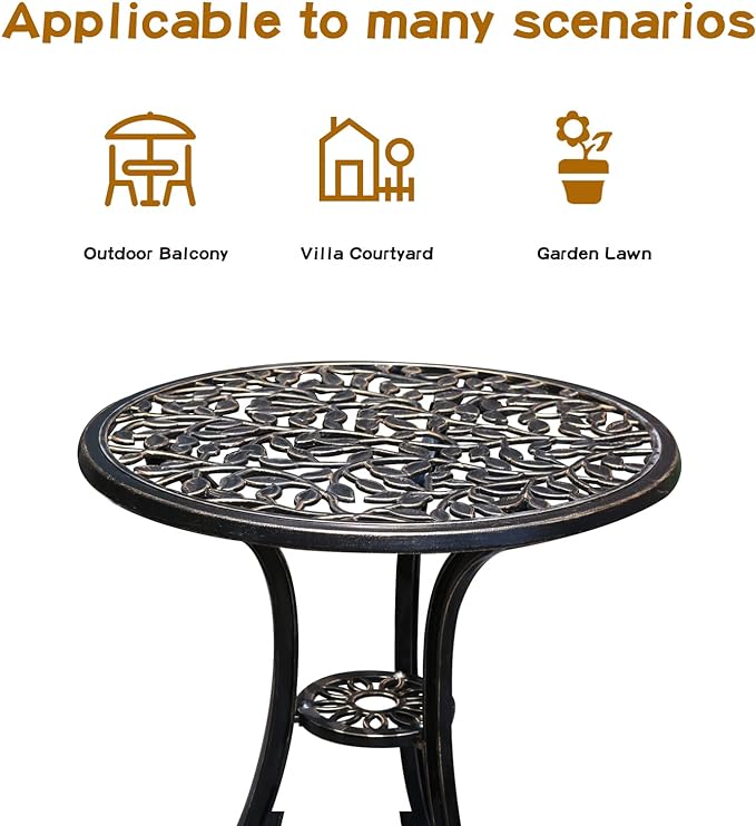 Patio Bistro Set.Rust-Resistant Cast Aluminum Bistro Table Set with Umbrella Hole for Backyard (Leaf DESIGNCOPPER)