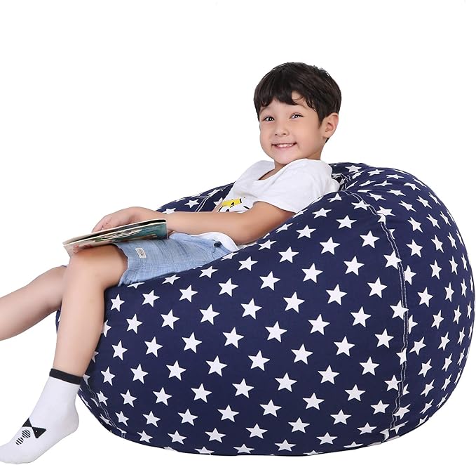 Lukeight Stuffed Animal Storage Bean Bag Chair Cover for Kids, Zipper Beanbag Chair Cover for Organizing Toddler & Kids' Rooms Plush Toys (Stars Navy, X-Large)