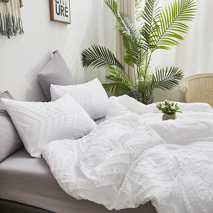 Wellboo White Jacquard Comforter Sets California King Boho White Tufted Bedding Comforter Sets Cal King Women Men Embroidery Shabby Chic Comforters Broken Line Quilts Wave Geometry Farmhouse Blanket