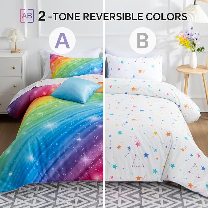 Btargot Super Soft 6 Pieces Gradient Star Ring Comforter Set, Colorful Glitter Rainbow Star Pattern Bedding Set for Boys Girls Teens,Twin Multicolor
