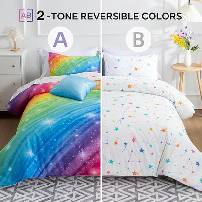Btargot Super Soft 6 Pieces Gradient Star Ring Comforter Set, Colorful Glitter Rainbow Star Pattern Bedding Set for Boys Girls Teens,Full Multicolor