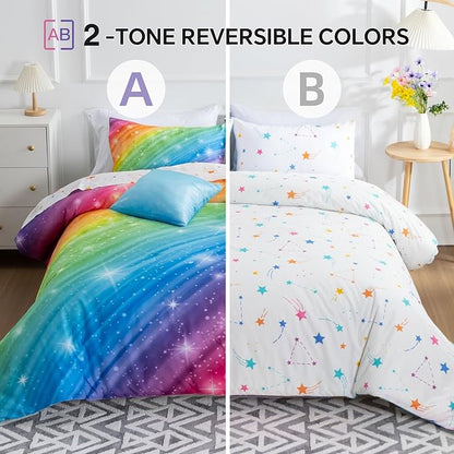 Btargot Super Soft 6 Pieces Gradient Star Ring Comforter Set, Colorful Glitter Rainbow Star Pattern Bedding Set for Boys Girls Teens,Queen Multicolor