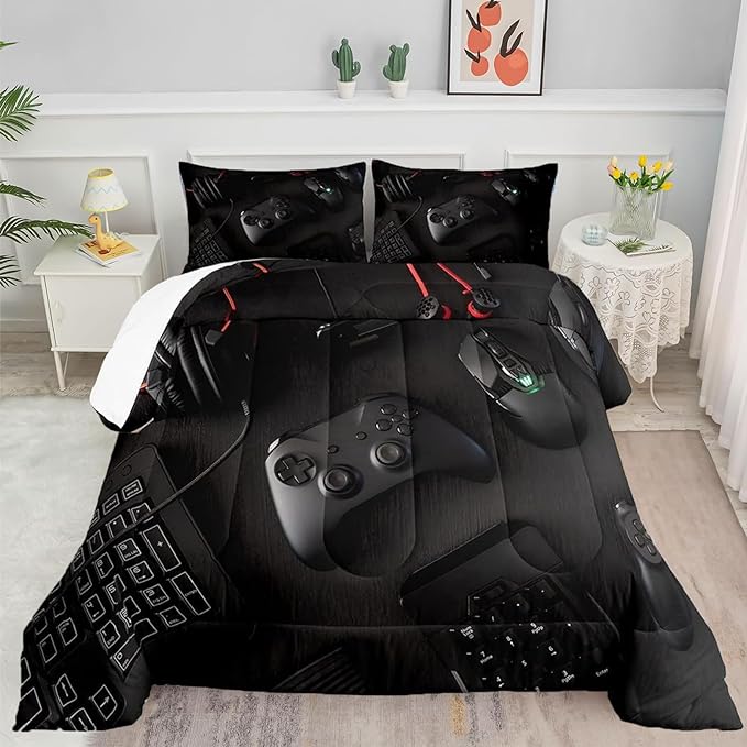 Gamer Comforter Set Twin Size for Boys Kids 3D Gaming Microfiber Quilts Black Video Game Bedding Sets Room Decor Gaming Bedding Set All Season for Game Lovers(Color 1,Twin)