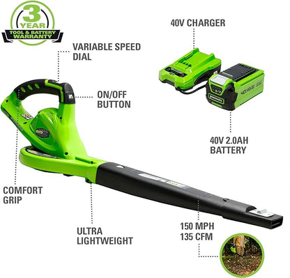 Greenworks 40V Leaf Blower/Sweeper, 150 MPH, Lightweight, Quiet, with 2.0 Ah Battery and Charger