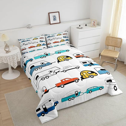 Camping Decor Comforter Set Full Size Kids Camper Trailer Bedding Set Cartoon Camper Decor Duvet Insert Colorful Rustic Farmhouse Sketch Drawing Quilt Set Camper Campsite Comforter Bedroom Decor