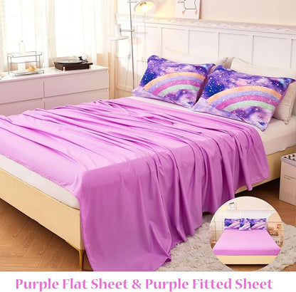 6 Pcs Rainbow Queen Bed in A Bag for Girls/Kids/Teens Purple Tie Dye Comforter Set Galaxy Girls Bedding Comforter Set Soft Gradient Glitter Bed Sets for All Season