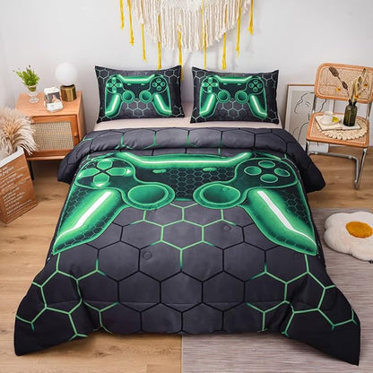 NTBED Game Console Comforter Set for Boys Girls Kids Geometric Lightweight Microfiber Bedding Sets (Green, Queen)
