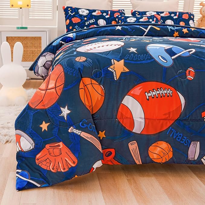 Sports Comforter Set with Sheet, 6 Pcs Bed in A Bag Twin Size Soccer Basketball Baseball Football Bedding Set for Boys Kids