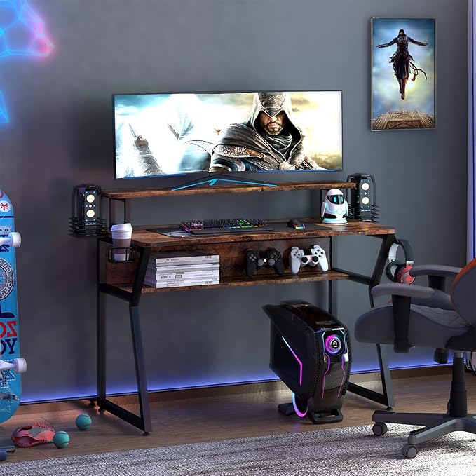 Gaming Desk, Computer Desk with Large Monitor Stand and Open Shelf, PC Laptop Gamer Table Workstation with Cup Holder, Headphone Hook, 2 Speaker Stand for Home Office (Rustic Brown)