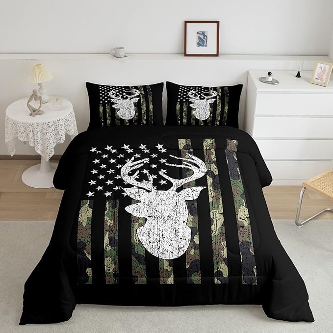 American Flag Comforter Set,Deer Hunting Down Comforter Army Green Military Camo Bedding Set Full For Boys Teens Kids Man,Western Farmhouse Stars Stripes Bedding Quilt Set Bedroom Decor 3 Pcs