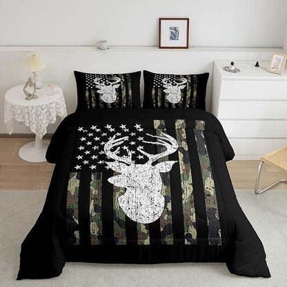 American Flag Comforter Set,Deer Hunting Down Comforter Army Green Military Camo Bedding Set Full For Boys Teens Kids Man,Western Farmhouse Stars Stripes Bedding Quilt Set Bedroom Decor 3 Pcs