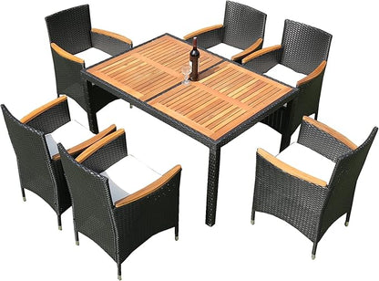 7-Piece Outdoor Dining Table Set with Acacia Wood TableTop and 6 Chairs, Rattan Wicker Patio Furniture for Garden Backyard Poolside, Onesize, Black