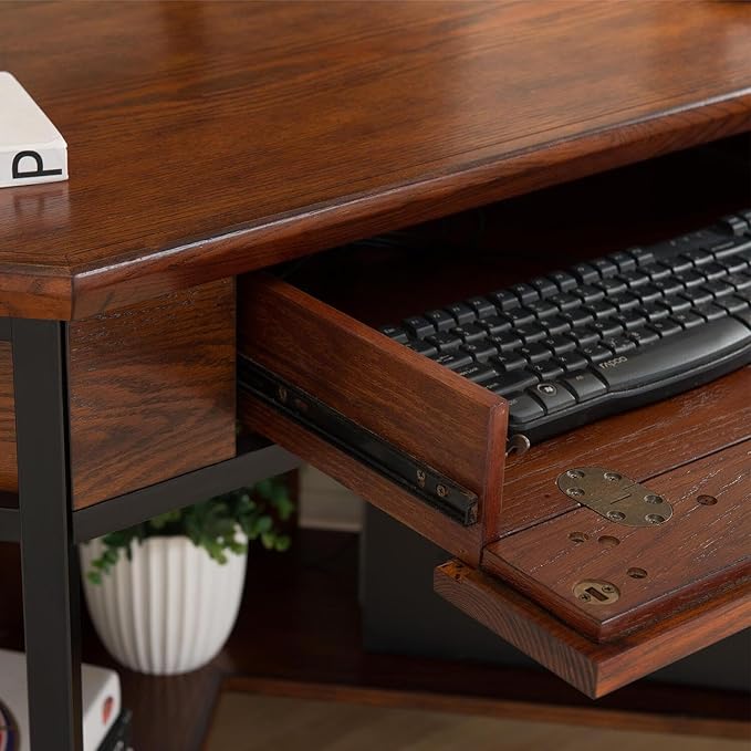 Leick Home 11230 Ironcraft Corner Writing/Computer Rustic Desk with Drawer and Shelf, Mission Oak and Black