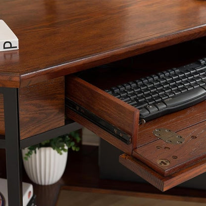 Leick Home 11230 Ironcraft Corner Writing/Computer Rustic Desk with Drawer and Shelf, Mission Oak and Black