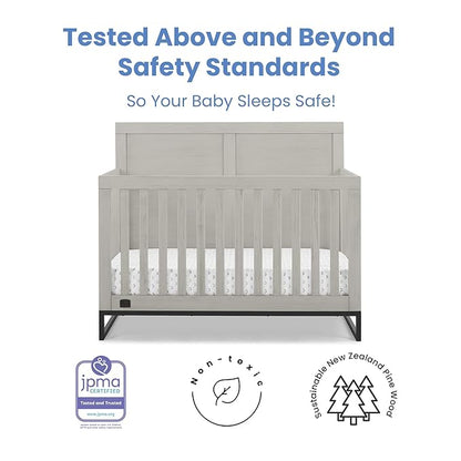 Simmons Kids Foundry 6-in-1 Convertible Baby Crib, Rustic Mist with Matte Black + Quiet Nights Breathable Crib Mattress with Removable/Machine Washable Cover (Bundle)