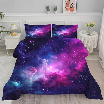 Galaxy Bedding Full Size Purple Outer Space Comforter Set for Girls Boys Kids Children Teen Bedroom Quilt 1 Comforter + 2 Pillow Cases