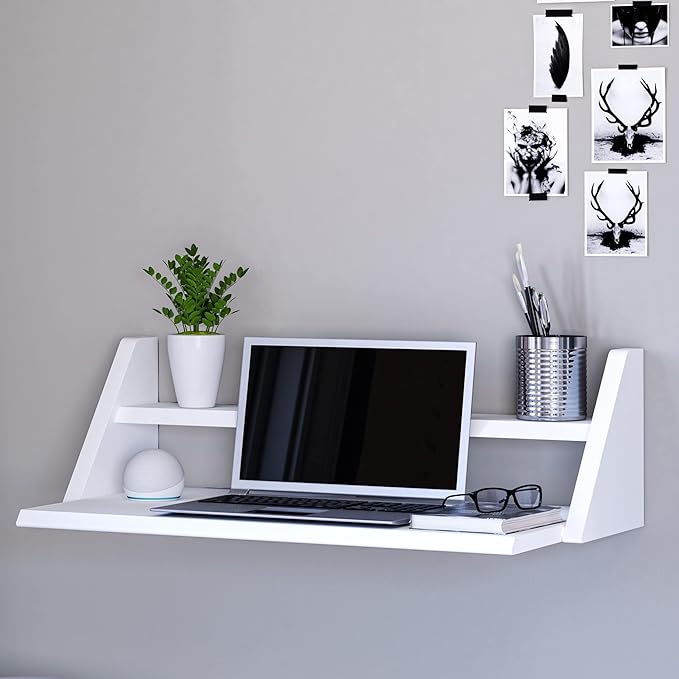 Reversible Wall Desk, White Floating Desk with Wall Mounted Shelf for Computer, Home, Office, Bedroom, Living, Kitchen and Study - L