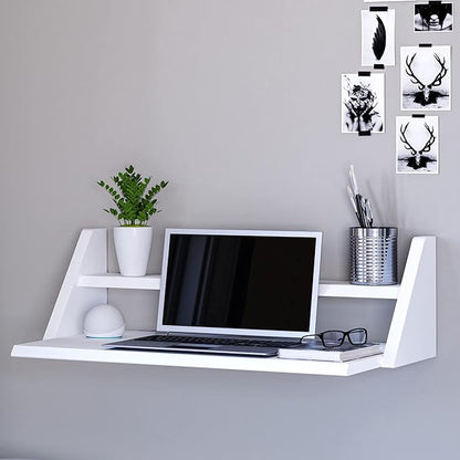 Reversible Wall Desk, White Floating Desk with Wall Mounted Shelf for Computer, Home, Office, Bedroom, Living, Kitchen and Study - L