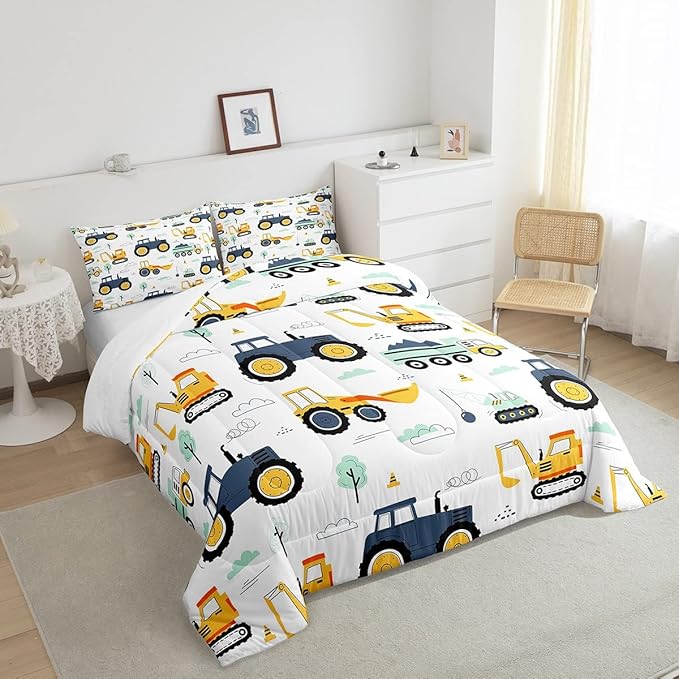 Tractor Comforter Set Queen, Cartoon Truck Bedding Set for Boys Girls Teens, Construction Tractor Down Comforter, Bulldozer Crane Equipment Duvet Set, Kawaii Vehicle Car Theme Comforter, Yellow Blue