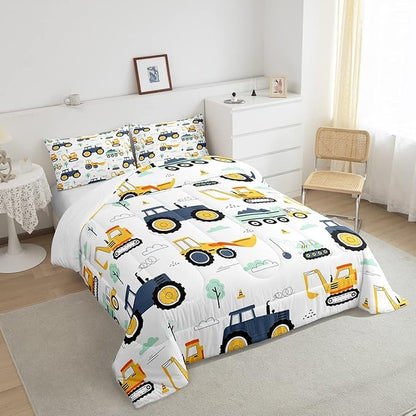 Kids Excavator Comforter Set Full Size, Equipment Trucks Bedding for Boys Girls Kids Children, Construction Vehicle Down Comforter, Cartoon Tractor Quilt Set, Yellow Blue Vehicle Duvet Insert, 3Pcs