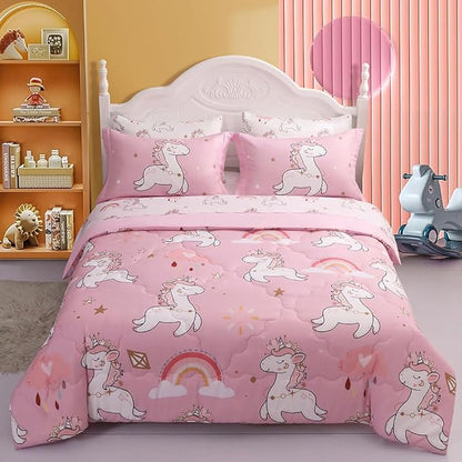 Wajade Kids Pink Unicorn Comforter Set Bed in A Bag Queen Size 7 Piece Cute Unicorn Rainbow Clouds Bedding Set for Girls (1 Comforter, 1 Flat Sheet, 1 Fitted Sheet, 2 Pillowcase and 2 Pillow Sham)