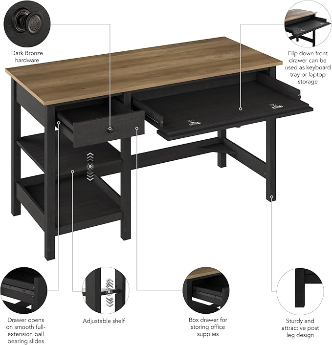 Bush Furniture Mayfield 54W Computer Desk with Shelves in Vintage Black and Reclaimed Pine| Table and Storage for Home Office Workspace