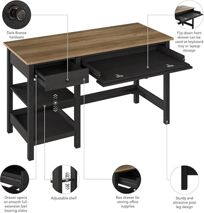 Bush Furniture Mayfield 54W Computer Desk with Shelves in Vintage Black and Reclaimed Pine| Table and Storage for Home Office Workspace