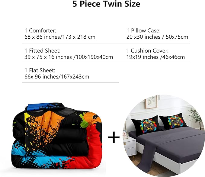 5 Pieces Gaming Bedding Set for Boys Gamer Comforter Set Twin Size,Game Controller Comforter for Boys Kids 5 Pieces Bed in A Bag 3D Gamepad Microfiber Bedding Sets,DJT H5019 Twin