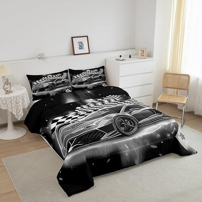 Racing Car Comforter Set, Cool Speed Race Car Down Comforter Queen for Kids Boys Girls Teens Bedroom, Automobile Extreme Sport Bedding Set Plaid Checkered Duvet Sets with 2 Pillowcases,Grey