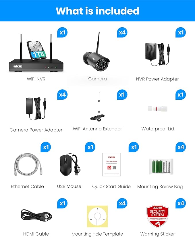 ZOSI Wireless Home Security Camera System Outdoor, 2K 3MP H.265+ 8 Channel CCTV NVR with 1TB HDD for 24/7 Record, 4 x 3MP WiFi IP Camera, Plug-in, Color Night Vision, Spotlight, Remote Access