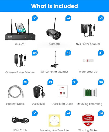 ZOSI Wireless Home Security Camera System Outdoor, 2K 3MP H.265+ 8 Channel CCTV NVR with 1TB HDD for 24/7 Record, 4 x 3MP WiFi IP Camera, Plug-in, Color Night Vision, Spotlight, Remote Access