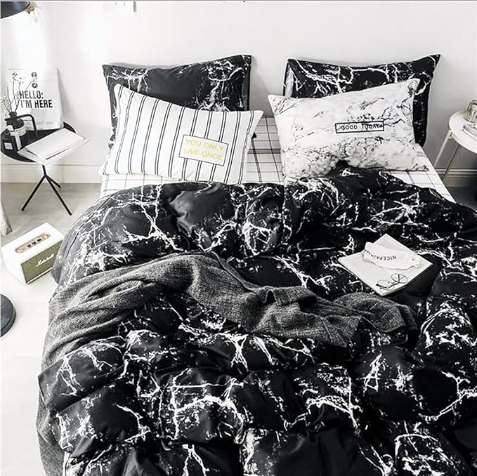 Bedding Set - Full Black Marble 3 Pcs Comforter Set - Includes 1 Comforter, 2 Pillow Covers Cotton, Soft, Breathable, Luxurious, Unisex, All Seasons, Machine Wash