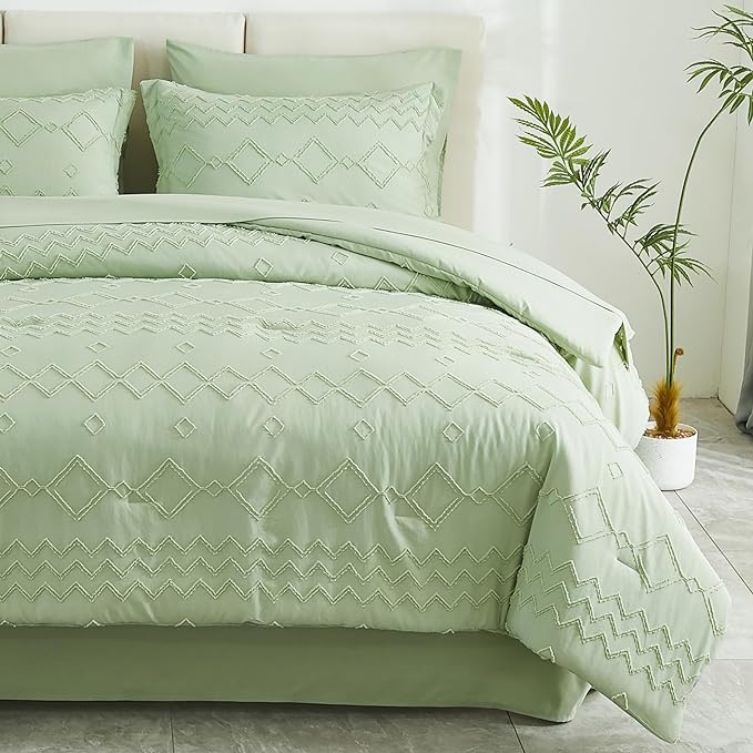 EMME Twin Comforter Set - 5 Pcs Sage Green Boho Bedding Sets, Tufted Comforter with Sheets, Shabby Chic Embroidery Twin Bed Set Fluffy Bed Bag for All Season(68"X90")