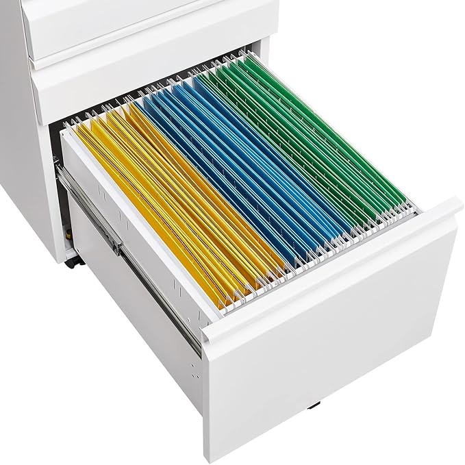 3-Drawer Mobile Lock and 5 Casters,Pre-Assembled Metal Office Storage Filing Cabinets w/ 1 Removable Hanging Rods,for Legal/Letter Size,White