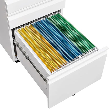 3-Drawer Mobile Lock and 5 Casters,Pre-Assembled Metal Office Storage Filing Cabinets w/ 1 Removable Hanging Rods,for Legal/Letter Size,White