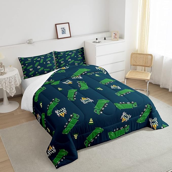 Feelyou Garbage Truck Toy Print Warm Comforter Setfor Kids Boys, Green Garbage Truck Bedding Set Cartoon Equipment Comforter Navy Blue Decor All Season Quilt Set Room 2Pcs Twin Size