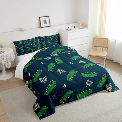 Feelyou Garbage Truck Toy Print Warm Comforter Setfor Kids Boys, Green Garbage Truck Bedding Set Cartoon Equipment Comforter Navy Blue Decor All Season Quilt Set Room 2Pcs Twin Size